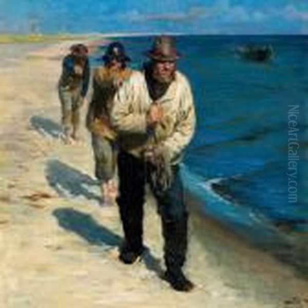 Tre Pa Skagens Sonderstrand 
Bagefter Hverandre Gaaende Fiskere Traekke Langs Bredden En Baad Lidt Ude
 I Vandet Imod Strommen Oil Painting by Peder Severin Kroyer
