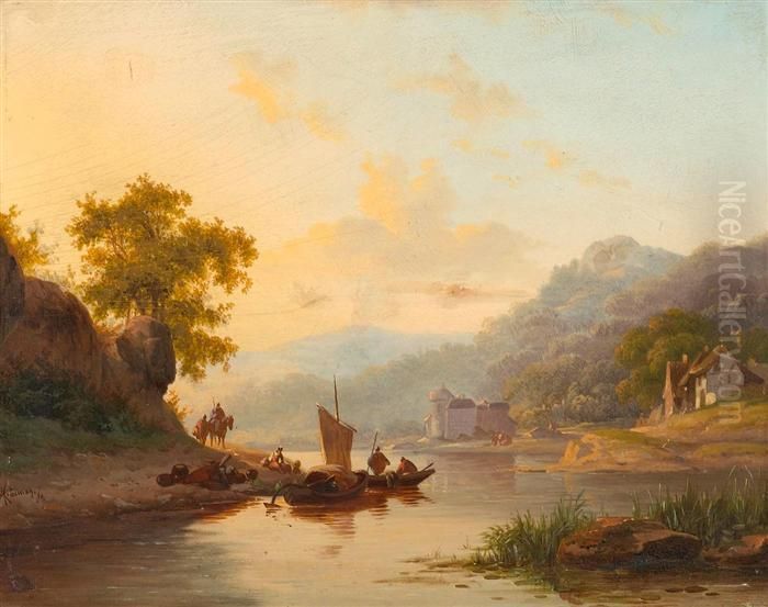 River Landscape Oil Painting by Frederik Marianus Kruseman