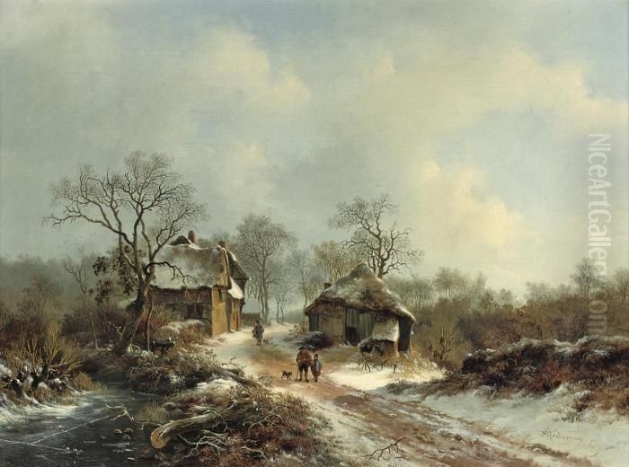 Villagers On A Snow-covered Path Oil Painting by Frederik Marianus Kruseman