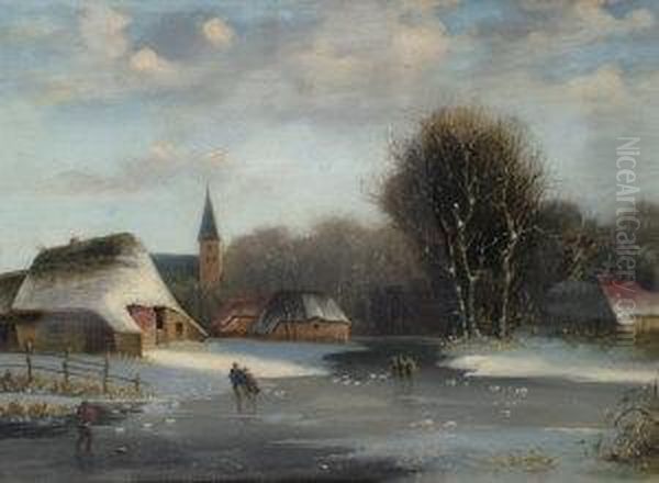 Manner Of Frederik Marianus 
Kruseman- Figures On A Frozen River With A Church And Cottages In A 
Dutch Winter Landscape Oil Painting by Frederik Marianus Kruseman