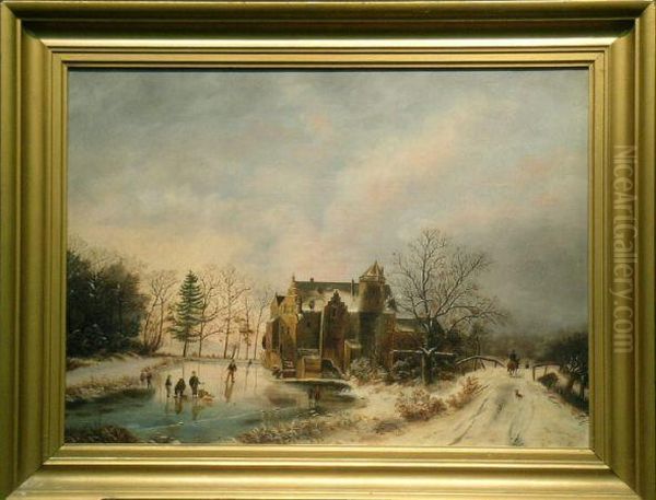 Figures On A Frozen Pond 
 Oil On Canvas Oil Painting by Frederik Marianus Kruseman