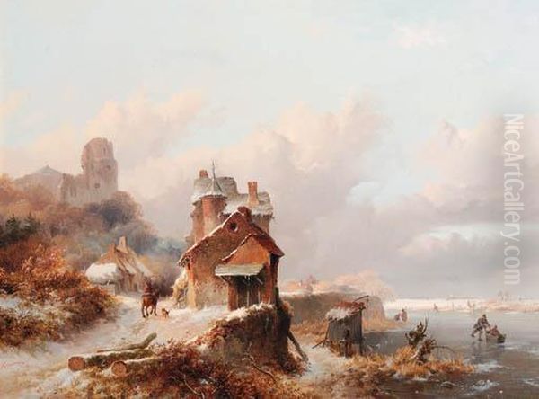 A Winterlandscape With A 
Horserider On A Track Passing A Farmhouse,skaters On The Ice Beyond Oil Painting by Frederik Marianus Kruseman