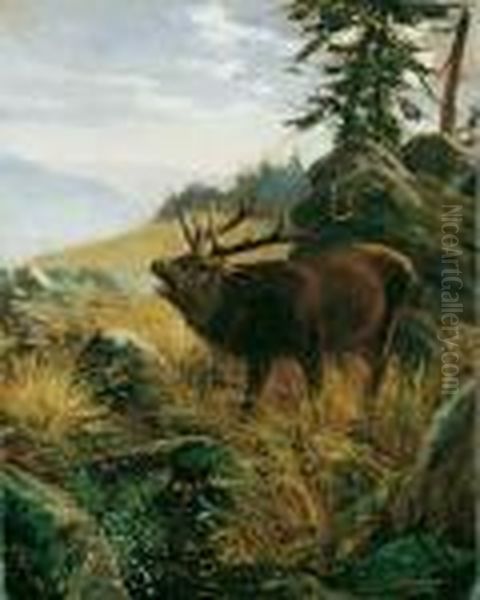 Mittelgebirgslandschaft Mit 
Rohrendem Hirsch. Signiert Unten Rechts: W. Kuhnert. Ol Auf Leinwand 
(doubliert). H 50; B 40 Cm. Oil Painting by Wilhelm Kuhnert