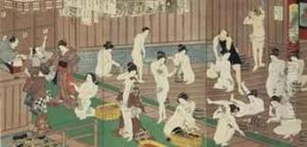 Hada Kurabe Hana No Shobuyu (a Comparison Of Flesh At The Iris Bath) 
Woodcut Triptych Of Women And Children At A Public Bathhouse Oil Painting by Toyohara Kunichika