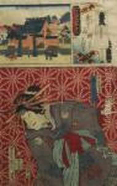 Onoe Kikugoro As Okaru Of 
Theichirikiya House With A View Of The Fugkugawa Hachimangu Shrine Oil Painting by Toyohara Kunichika