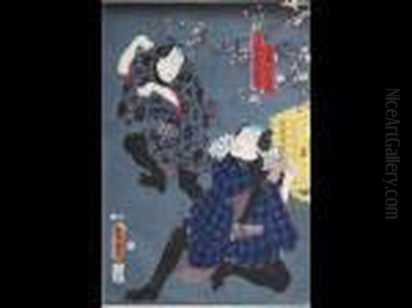 Scene De Theatre Kabuki Oil Painting by Gototei Kunisada