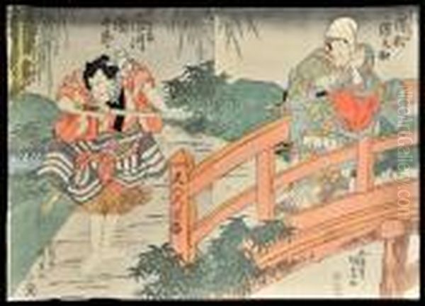 Diptych: An Actor In The Role Of A Warrior Guards A Lady Oil Painting by Gototei Kunisada