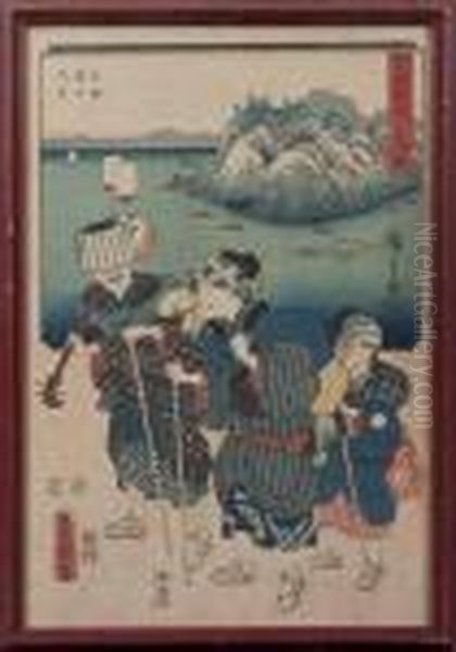 Scene A Trois Personnages Oil Painting by Gototei Kunisada