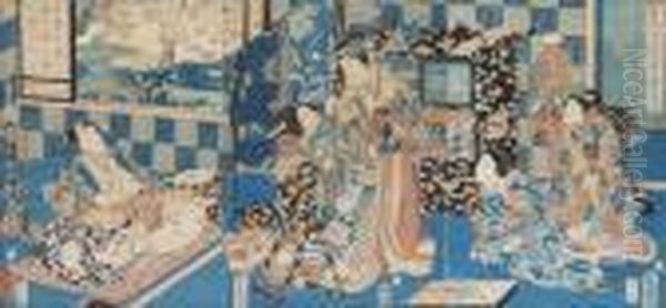 Tryptique Representant Une Scene Du Genji Monogatari. Oil Painting by Gototei Kunisada