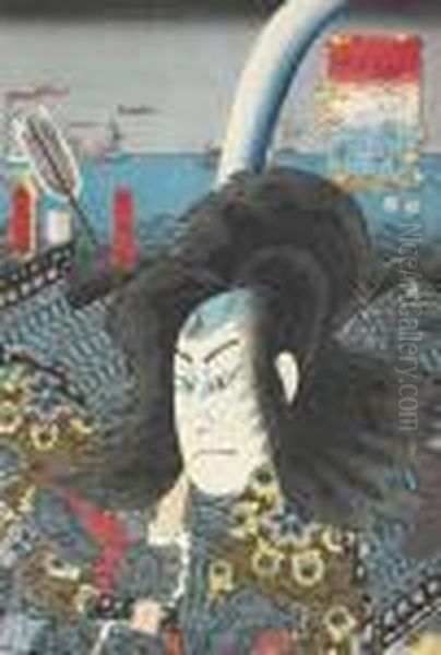 Taira Tomomori Holding A Bisento Oil Painting by Gototei Kunisada