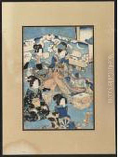 Court Lady Triptych Oil Painting by Gototei Kunisada