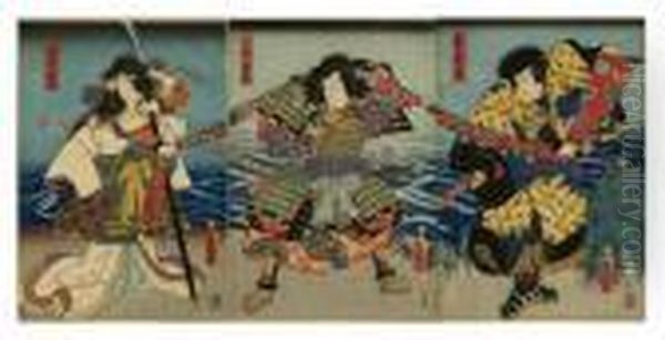 Kabuki Scene: Three Warriors Oil Painting by Gototei Kunisada
