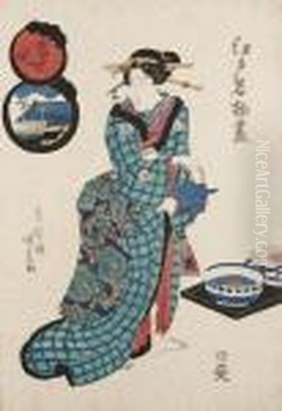 Een Schoonheid Met Theepot Oil Painting by Gototei Kunisada