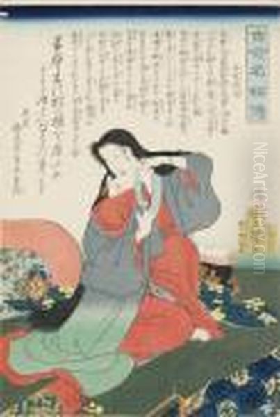 Tokiwa Gozen Kleedt Zich Aan Oil Painting by Gototei Kunisada