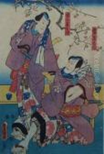 Acteurs Dans Les Roles De Raiza Kyuro Et De Yasuno Oil Painting by Gototei Kunisada