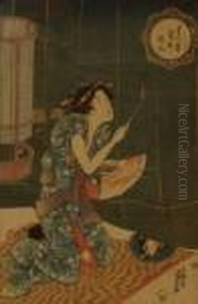 Dame Agenouillee, Tenant Une Allumette Enflammee Oil Painting by Gototei Kunisada