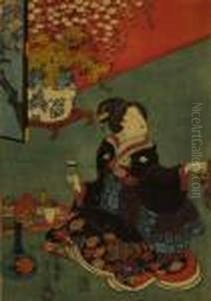 Dame Assise, Une Coupe Bleue A La Main Oil Painting by Gototei Kunisada