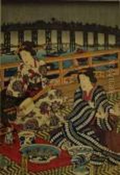 Deux Geishas, Dont L'une Tient Un Samisen Oil Painting by Gototei Kunisada
