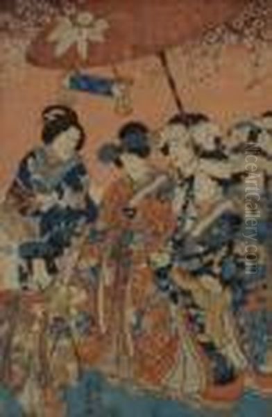 Groupe Feminin Sous Une Ombrelle Oil Painting by Gototei Kunisada