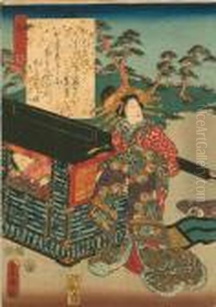 Kurtyzana Stojaca Obok Palankinu (z Cyklu Opowiesci Oksieciu Genji) Oil Painting by Gototei Kunisada