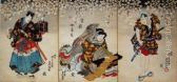 Scena Z Teatru Kabuki - Tryptyk Oil Painting by Gototei Kunisada