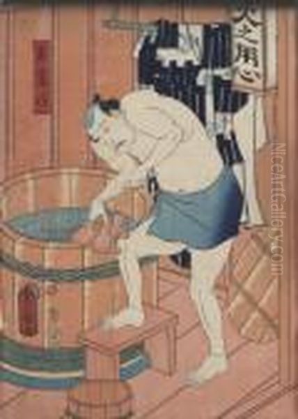 Man Vid Badtunna Oil Painting by Gototei Kunisada