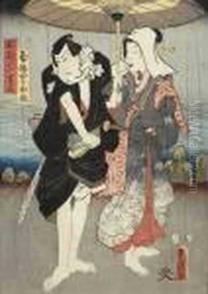 Man Och Kvinna Under Regnparasoll Oil Painting by Gototei Kunisada