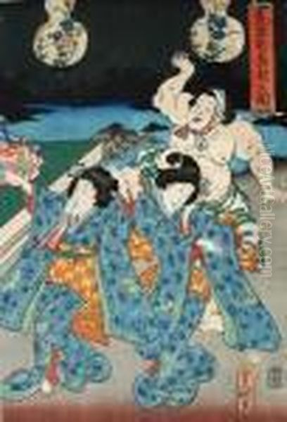 Taniec Bon-odori Oil Painting by Gototei Kunisada