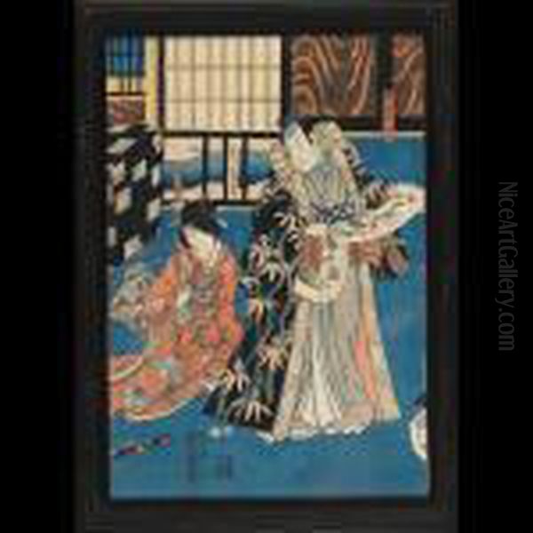 Theatrical Scene Oil Painting by Gototei Kunisada