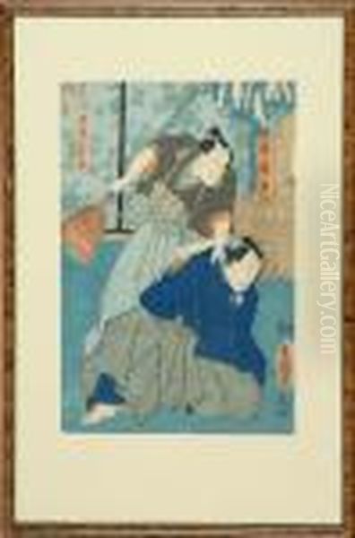 Scene Of Two Men With One Holding A Broom Oil Painting by Gototei Kunisada