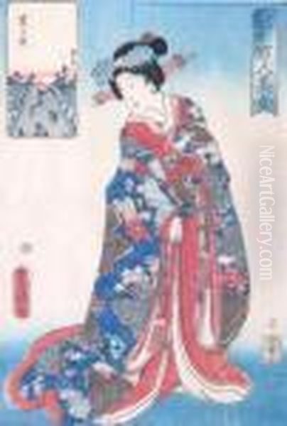 Depicting Actress With Street/bridge Scene Oil Painting by Gototei Kunisada