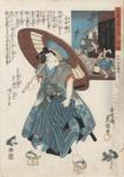 Man Med Regnparasoll Oil Painting by Gototei Kunisada