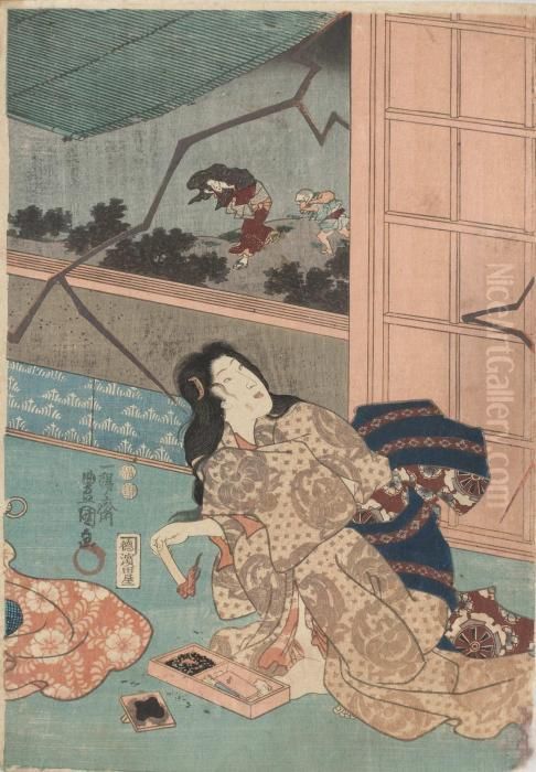 Kvinna I Askvader Med Elddon Oil Painting by Gototei Kunisada