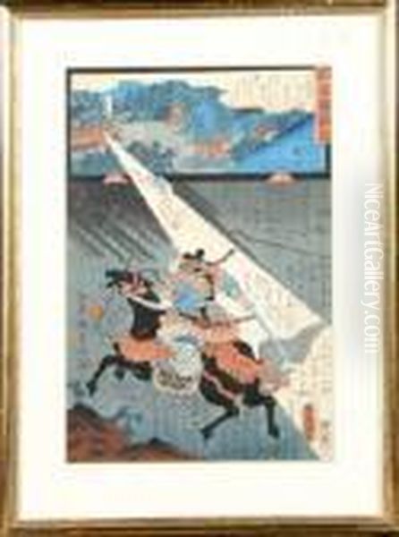 A Mounted Swordsman In A 
Lightening Storm With A Secondary Landscape Depicted In The Upper 
Portion Of The Composition Oil Painting by Gototei Kunisada