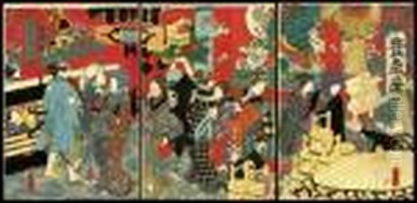 A Shop In Toyotoshi Shrine Oil Painting by Gototei Kunisada