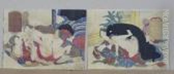 Liebespaar Vor Der Veranda Oil Painting by Gototei Kunisada