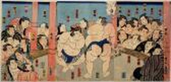Sumo Oil Painting by Gototei Kunisada