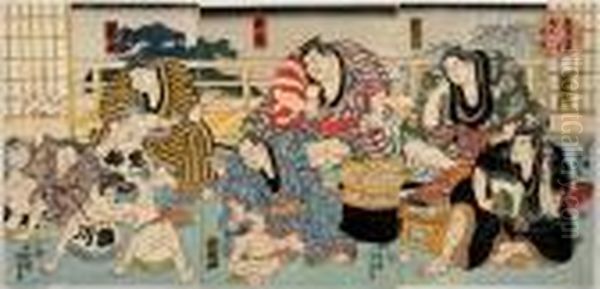 Raining, From The Series Of 8 Views Of Charity Sumo Oil Painting by Gototei Kunisada