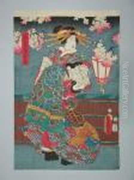 Une Jeune Femme Debout En Kimono De Fete Oil Painting by Gototei Kunisada