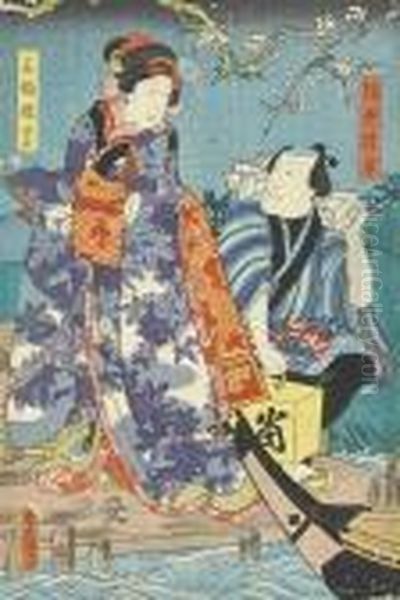A Kabuki Triptych Oil Painting by Gototei Kunisada