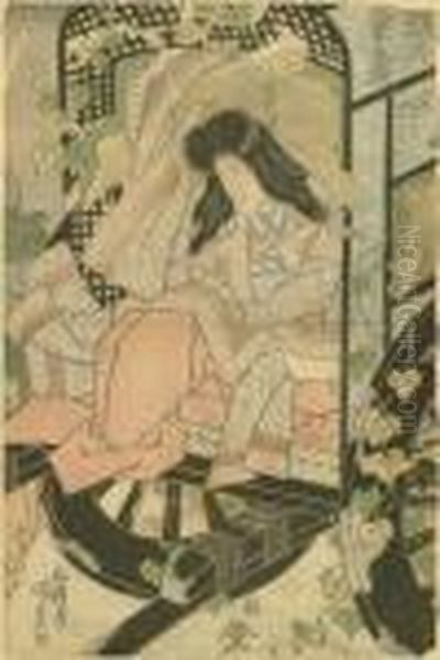 Madchenmit Gelostem Haar In Einem Karren Sitzend, Der Einige Weinrankentragt Oil Painting by Gototei Kunisada