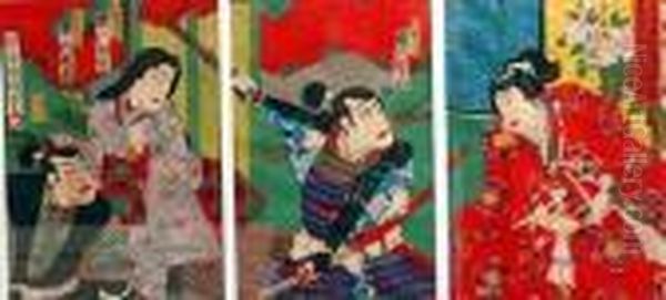 Kabuki Triptych Oil Painting by Gototei Kunisada