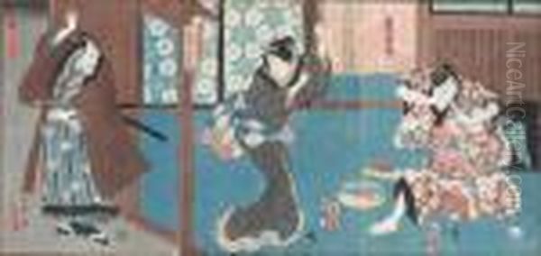 Teaterscen Med Tre Aktorer Oil Painting by Gototei Kunisada