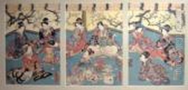 Triple Oban Court Scenes Oil Painting by Gototei Kunisada