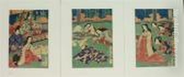 Triptych - Geishas In Interior Oil Painting by Gototei Kunisada