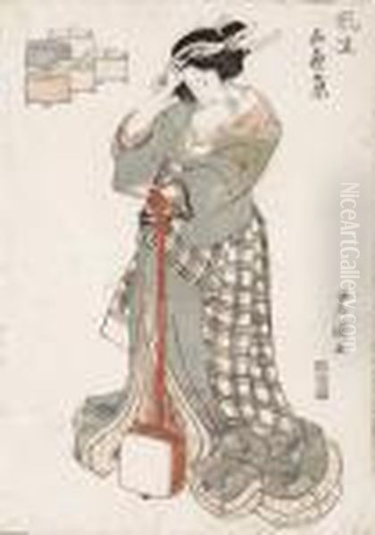 Geisha Mit Shamisen. Oil Painting by Gototei Kunisada