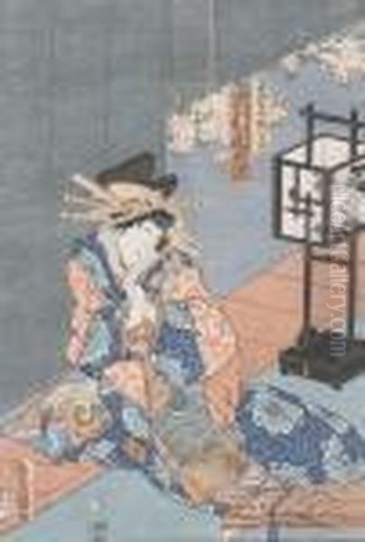 Kurtisane Bei Der Veranda Mit Stehlampe Und Koto. Oil Painting by Gototei Kunisada