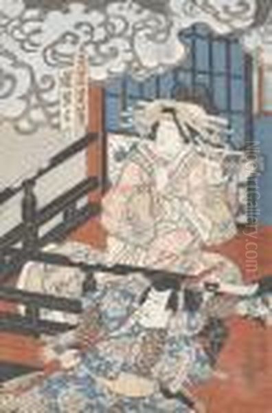 Kurtisane Mit Samurai. Oil Painting by Gototei Kunisada