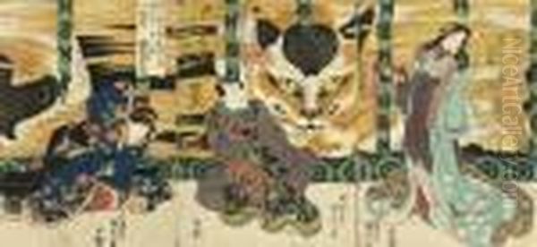 A Triptych Titled Oil Painting by Gototei Kunisada