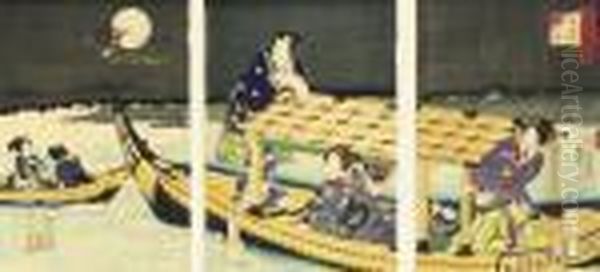 A Triptych Showing Prince Genji Observing The Abalone Divers On The Beach, Signed Oil Painting by Gototei Kunisada